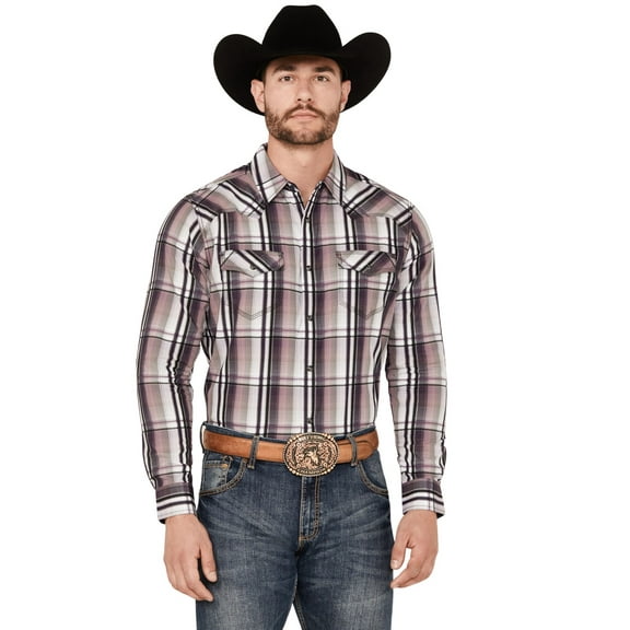 Moonshine Spirit Men's Back Stage Plaid Print Long Sleeve Snap Western Shirt Purple X-Large
