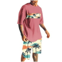 YLSDY Men's Summer 2 Piece Set Outfits Tropical Print Short Sleeve Tee and Shorts Set Summer Holiday Fashion Pink XXL