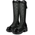 thumbnail image 4 of BLISSFUL STEP Women's Mesh Round Toe Back Zip Block Heels Knee High Boots Black 5, 4 of 8