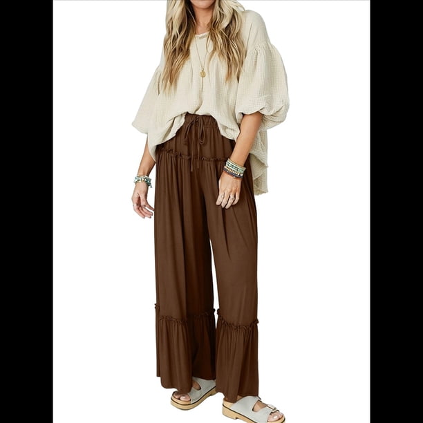 Pantalones Palazzo Holgados de Playa con Cintura Alta Elástica, Dobladillo con Volantes y Pierna para Mujer Color Café S