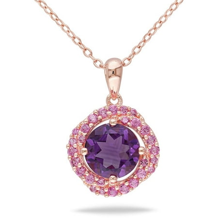 Tangelo 1-7/8 Carat T.G.W. Amethyst and Created Pink Sapphire Rose Rhodium-plated Sterling Silver Halo Pendant, 18