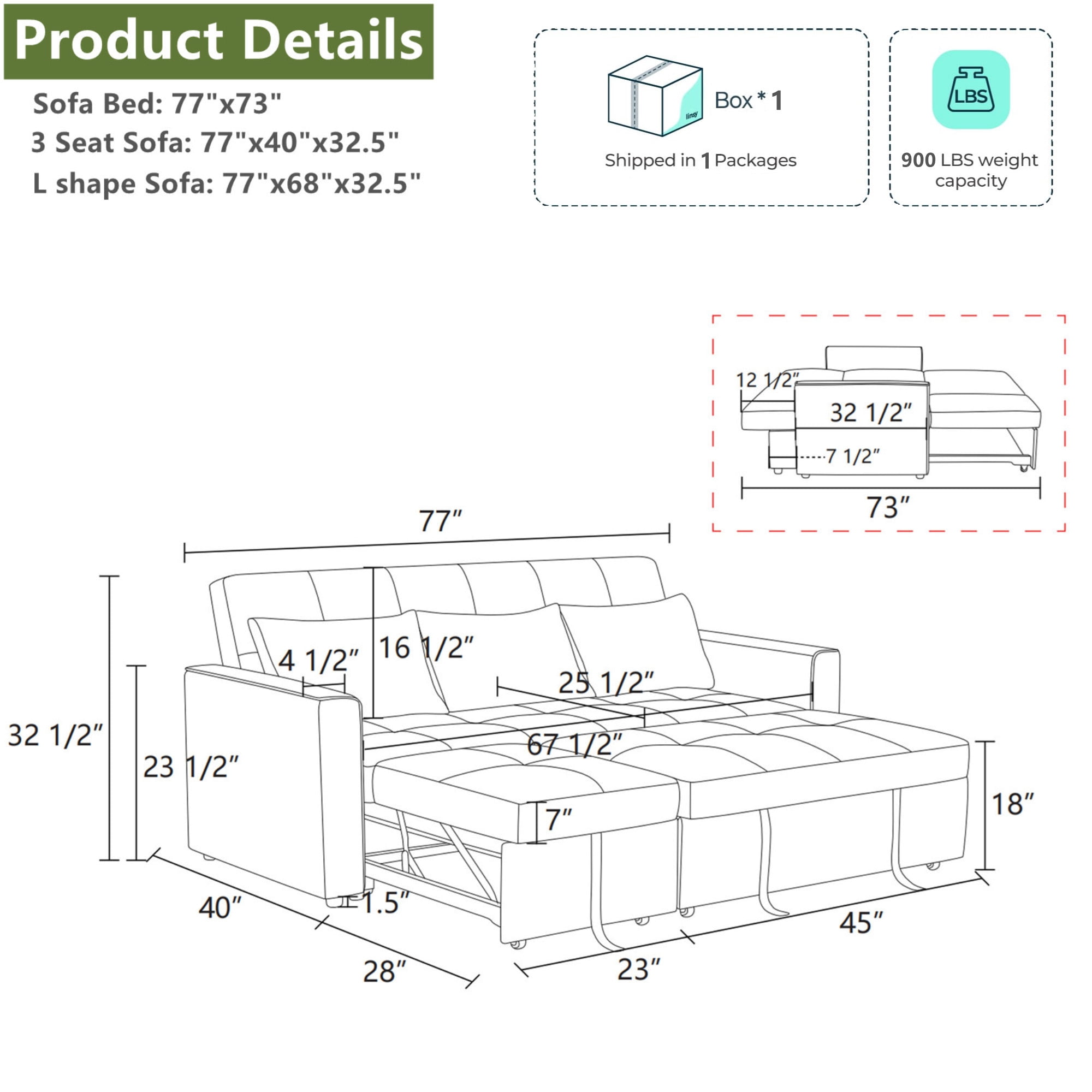 Aukfa 77" Comfy 3 Seat Sofa Convertible Sectional Sleeper Sofa Bed for Living Room, 3 Pillows, Linen, Gray