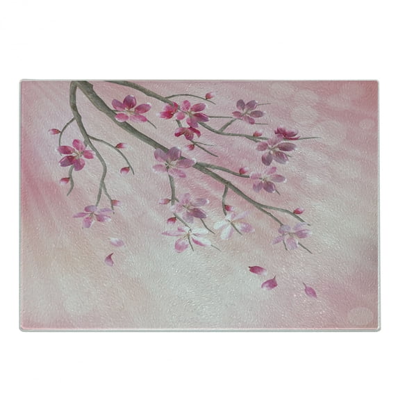 Nature Cutting Board, Illustration of Spring Tree Branch with Blossoms Sun Beams on Blurred Background, Decorative Tempered Glass Cutting and Serving Board, Small Size, Pink Fuchsia, by Ambesonne