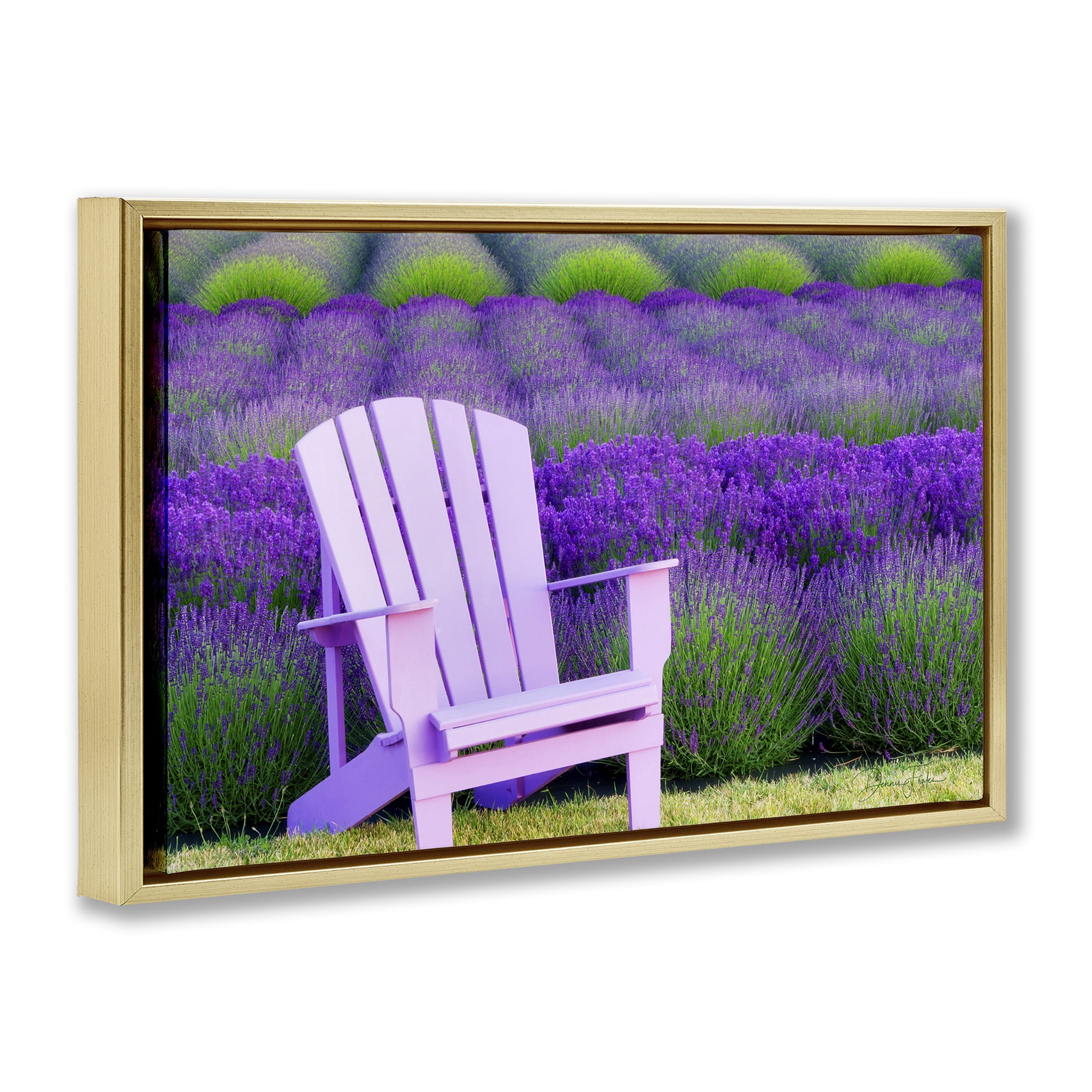 Stupell Industries Chair & Lavender Field Landscape & Nature Painting Gold Floater Framed Canvas Art Print Wall Art, 25 x 17