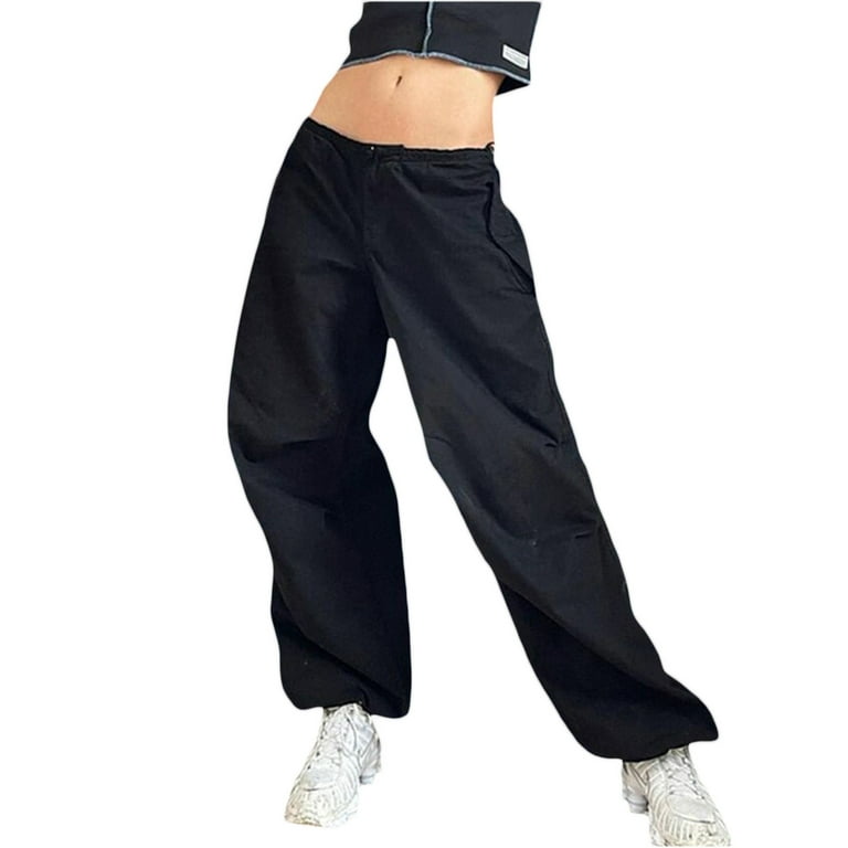 Xingqing Women Low Waist Baggy Cargo Pants Indie Aesthetic Drawstring Loose  Pocket Jogger Trousers Hippie Punk Streetwear Black L 