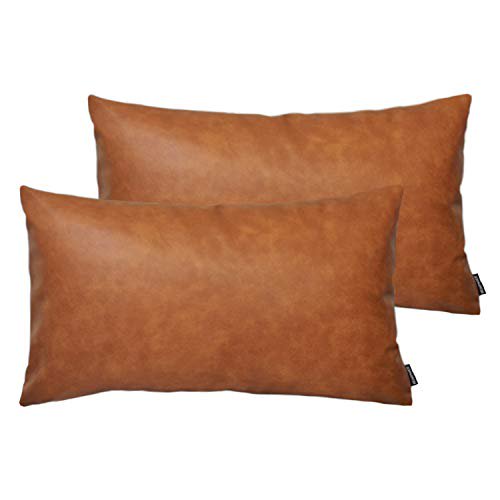 HOMFINER Set of 2 Thick Faux Leather Lumbar Throw Pillow Covers 12x20