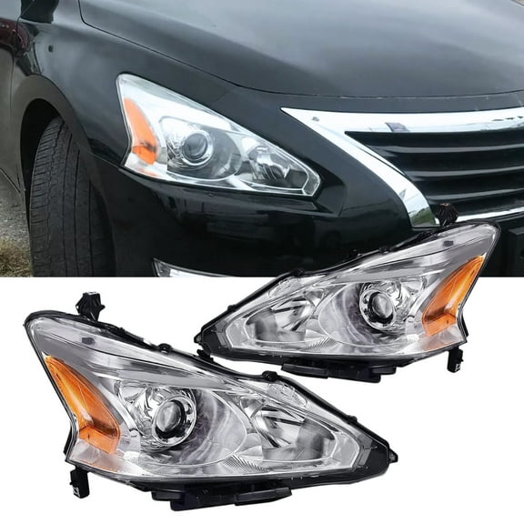 Headlight Assembly for 2013-2015 Altima 4 Door Sedan Projector Chrome Housing Halogen Replacement Headlights Assembly Pair Amber Reflector Driver and Passenger Side
