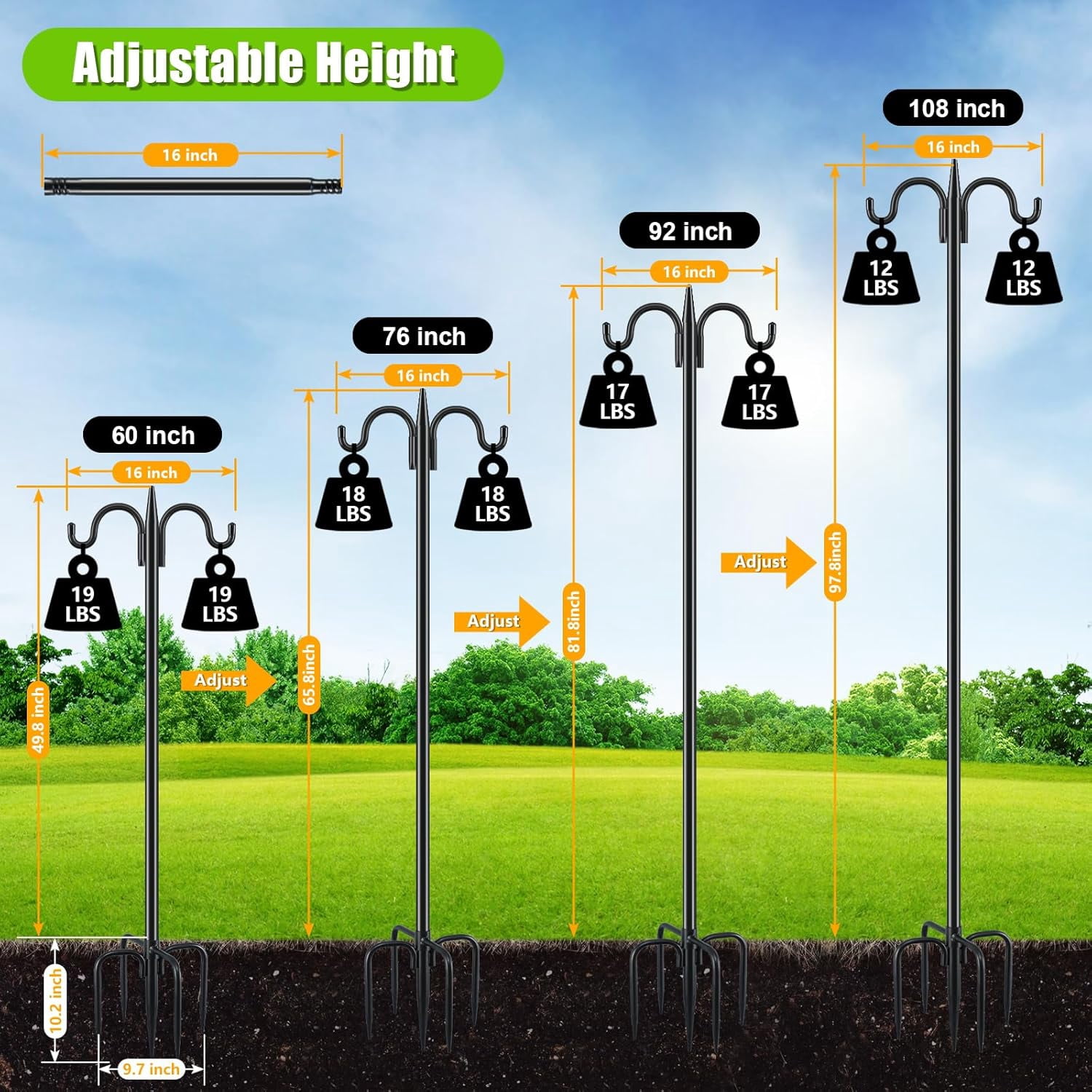 Double Shepherds Hook 92 Inch Bird Feeder Pole 1 Pack 3/4 Inch Thick Heavy Duty Garden Hooks for Outdoor Hanging Hummingbird Feeder, Plant Baskets, Solar Light Lanterns, String Light
