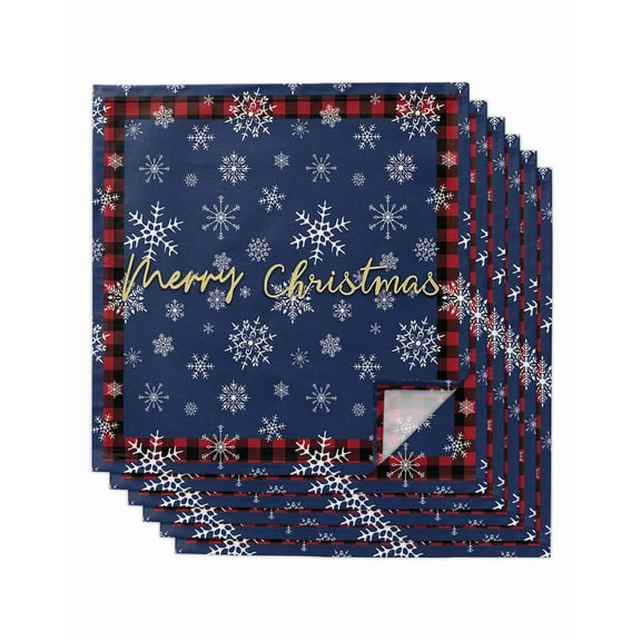 Navy Blue Snowflake Christmas Cloth Napkins Set of 6, Xmas Red Plaid Washable Reusable Dinner Cocktail Napkin for Kitchen Party Wedding Banquet Holiday Baby Shower Table Decor