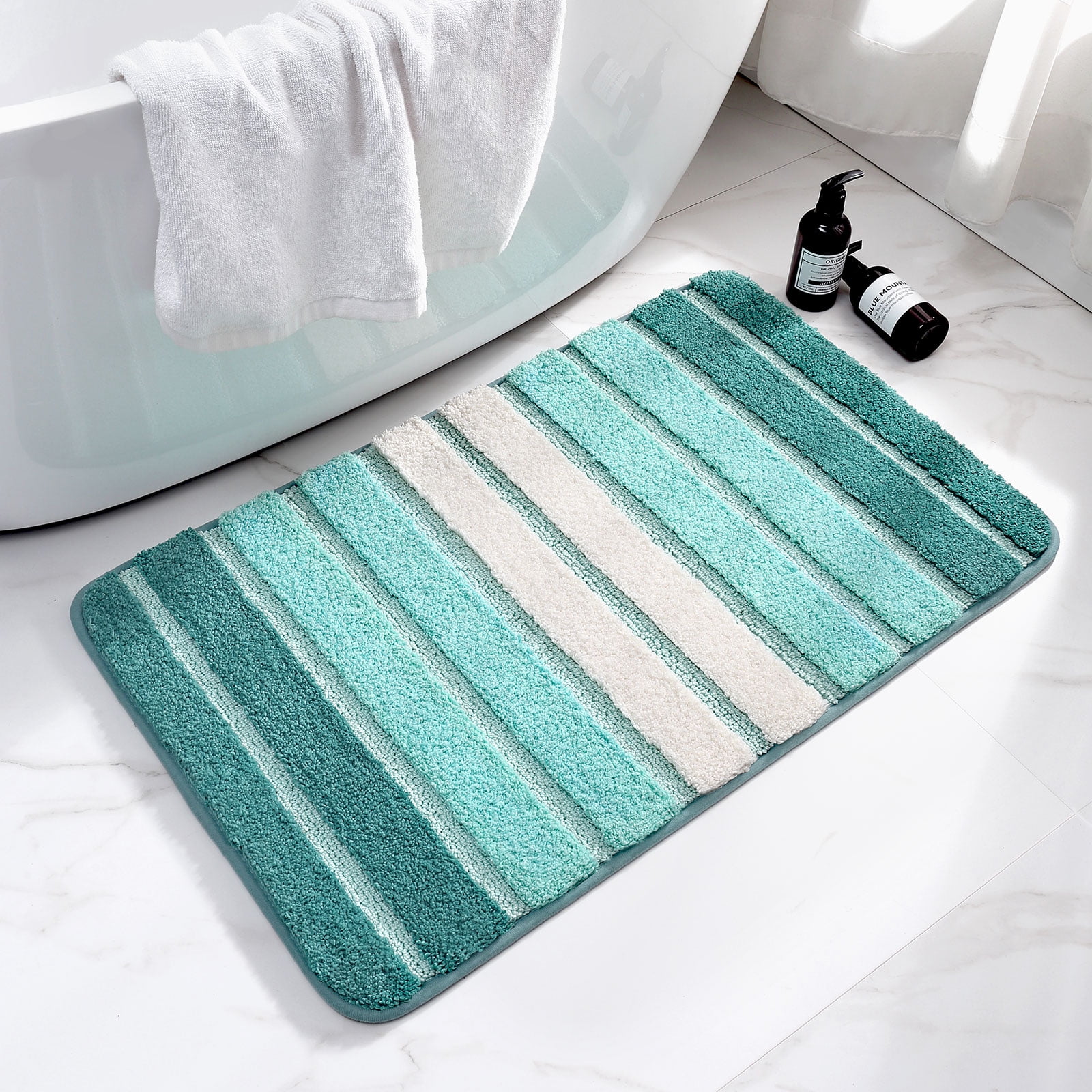 OEAKAY Turquoise Striped Microfiber Bath Mat, 16"W x 24"L photo 6
