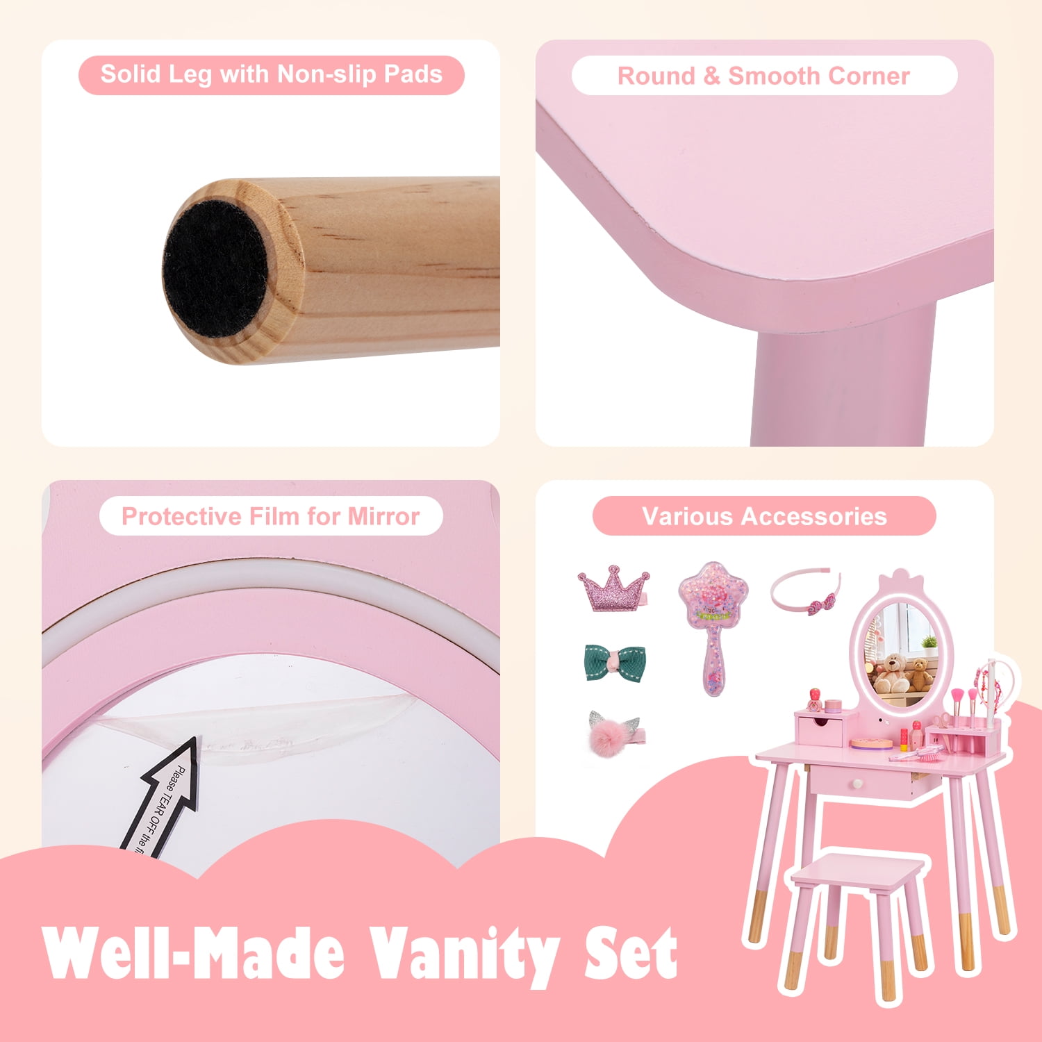 BRINJOY Kids Vanity Set with Mirror, Wooden Make Up Beauty&nbsp;Dressing Table with Lights & Stool & Jewelry Rack & Storage Board, Children Princess Vanity Table Pretend Playset for Girls