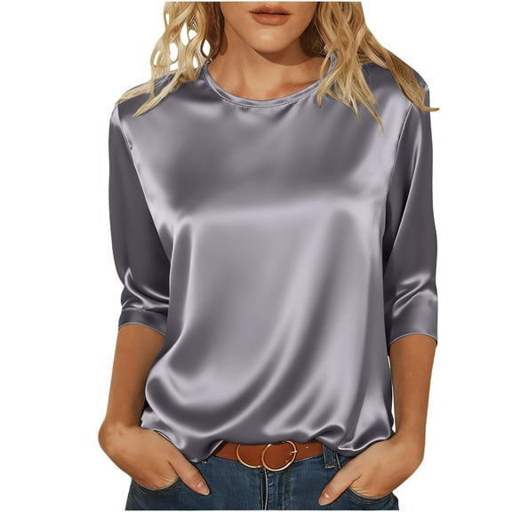 Olyvenn 3/4 Length Sleeve Shirts Women's Satin Silk Dressy Casual Tunic Tops Loose Crewneck Vintage Elegant Pullover Gray XXL