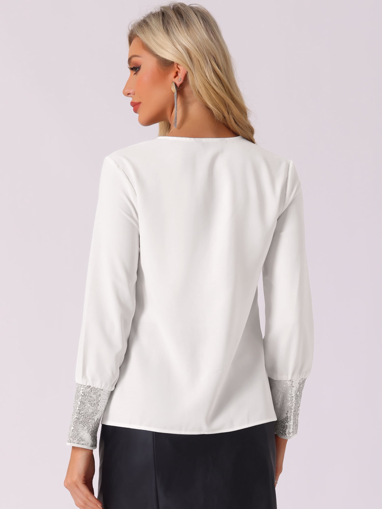 DARING DIVA Women's Sequin V Neck Long Sleeve Lightweight Shirts XS White