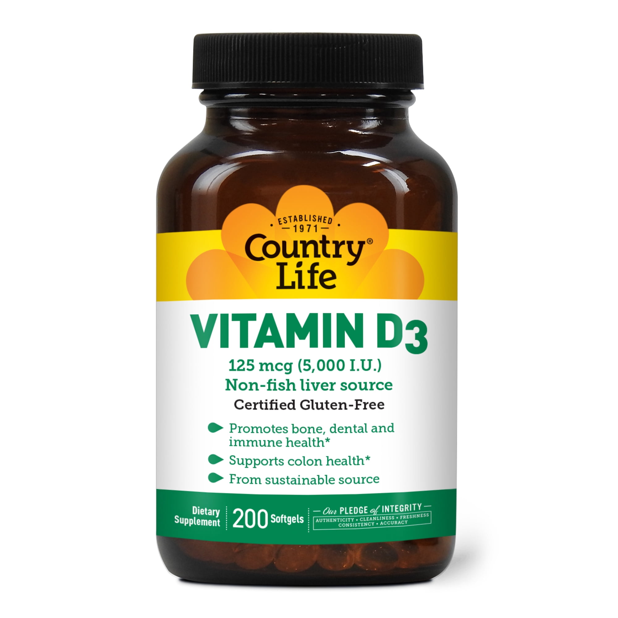 Country Life Vitamin D3, Non-fish 5000 IU, 200 Softgels, Certified Gluten Free