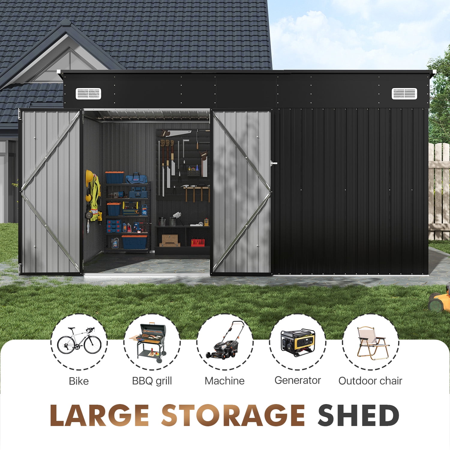 BaPiPro 12'x8' Lean-to Metal Storage Shed, Outdoor Lockable Shed with Triple Doors & Vents for Garden, Backyard, Patio - Black