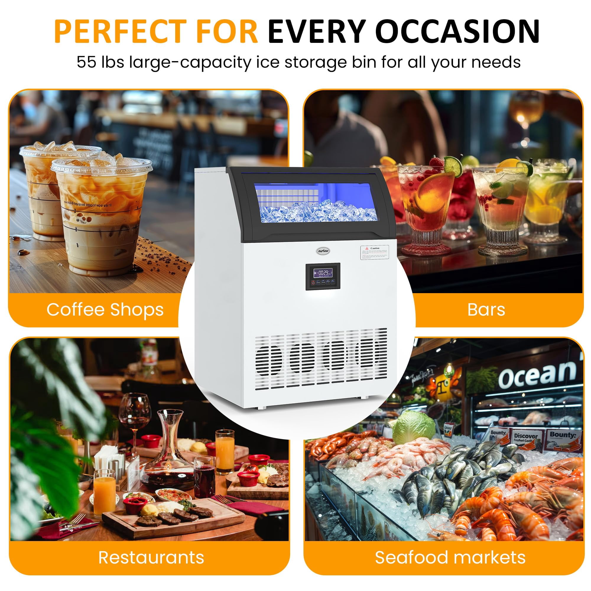 Sunvivi Commercial Ice Maker Machine, 265LBS/24H, 55LBS Storage Bin, Stainless Steel Under Counter Ice Machine for Restaurants, Bars, and Home Use, Includes Water Filter, Scoop, and Hose