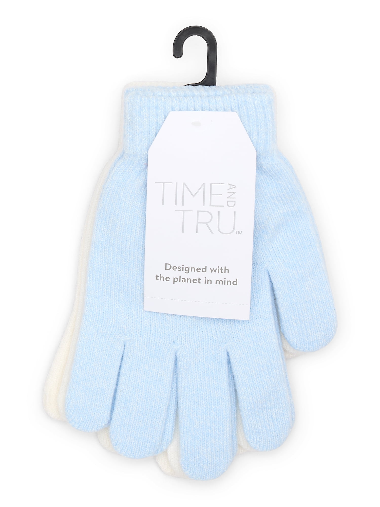 Time and Tru Women's Knit Gloves, 2-Pack, Isla Blue/Winter White