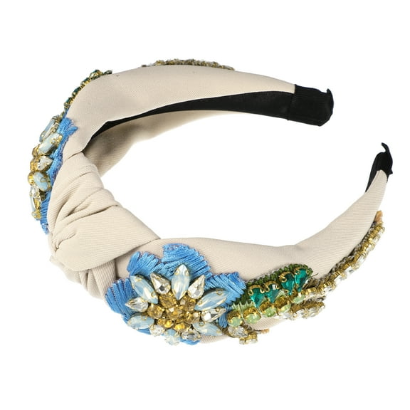 Vocoste 1 Pc Bling Rhinestone Headband Vintage Flowers Rhinestone Beige Flannel Wide Edge Headband 4.92'x1.77'