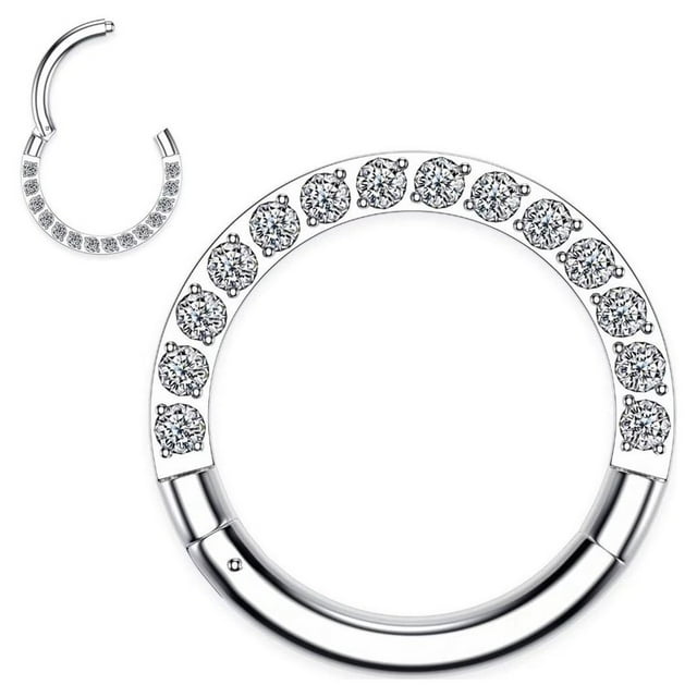 LNGOOR 316L Surgical Steel Hinged Nose Rings Hoop with Zircon 16G Body Pierecing Ring Segment Clicker Lip Rings Cartilage Rook Diameter 8mm (Silver)