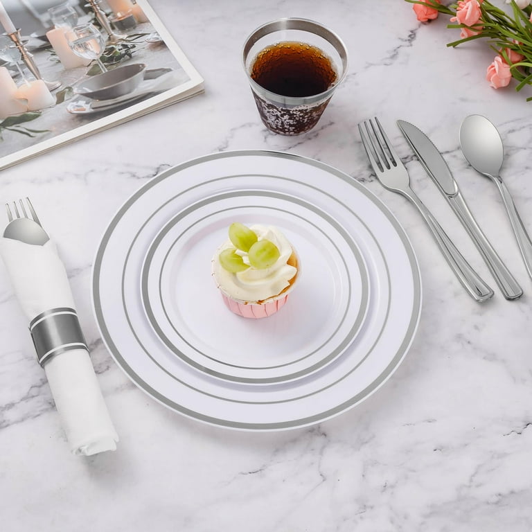 Disposable plastic dinnerware set silver, 175 pieces includes 25 of each, dinner plates, high quality dessert plates, napkins, 25 each utensil 25 cups!