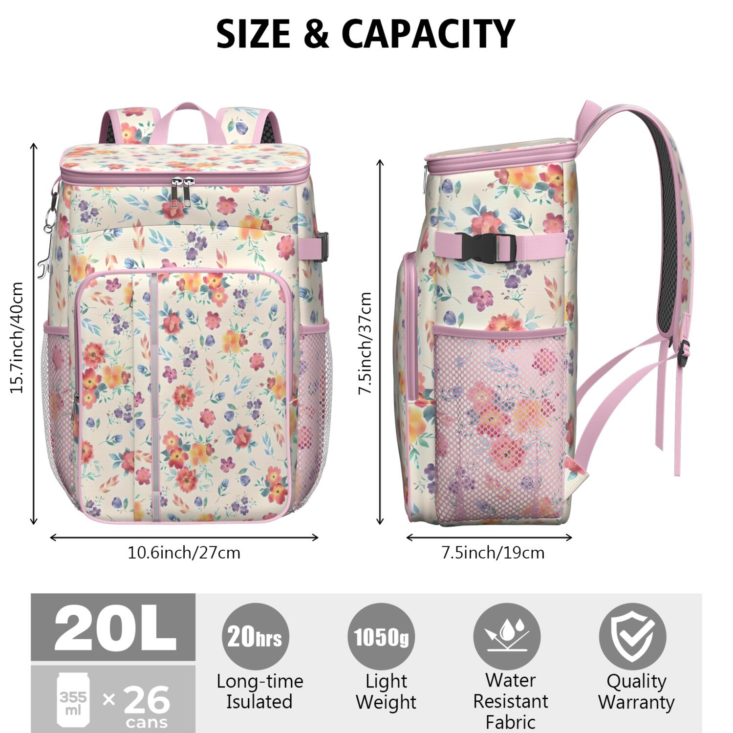 Travel Cooler Bag - Pioneer Flower Floral Print Pattern Camping Beer Cooler Backpack with Bottle Opener- Waterproof Insulated Picnic Backpacks - Cooler Bag for Beach
