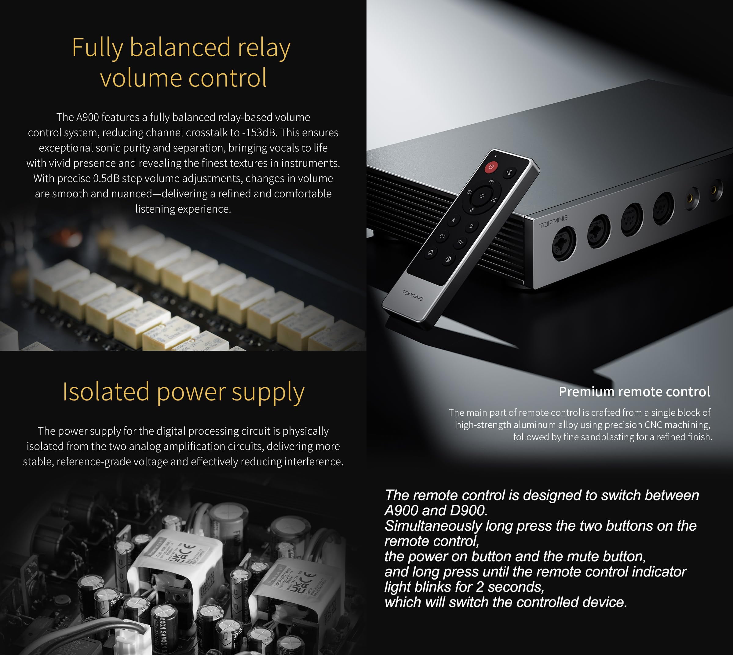 Topping A900 Ultra-Flagship Headphone Amplifier Preamplifier, with Remote Control,Silver
