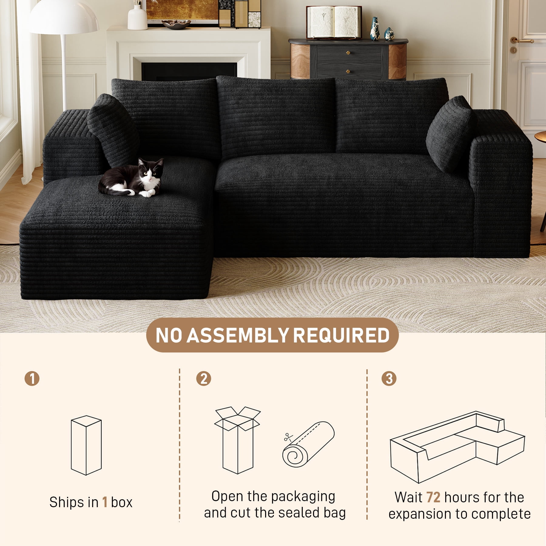 Wiilayok 107" Cloud Sectional Couch with L-Shape Chaise,Modern Modular Sofa with Deep Seat, Comfy Boneless Upholstered Couches for Living Room Bedroom,Black