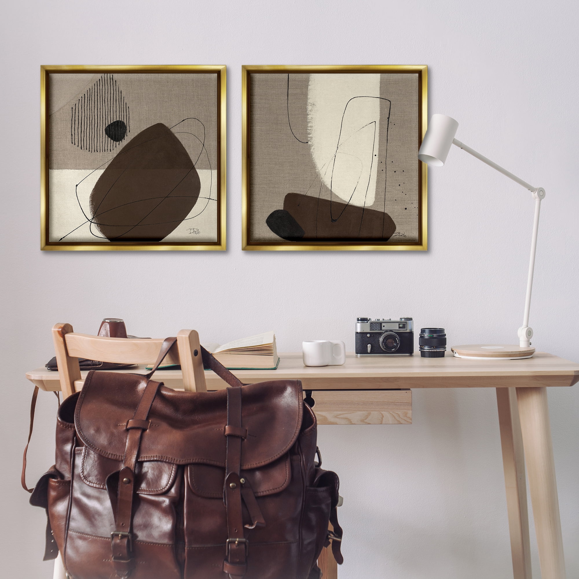 Stupell Industries Brown Hidden Lines Abstract Painting Gold Floater Framed Canvas Art Print Wall Art, 25 x 25, Set of 2