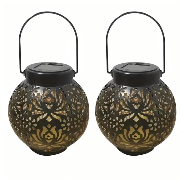 2 Pack Solar Hanging Lantern, Moroccan Style LED Projector Light for Patio Garden Yard Decor, Black