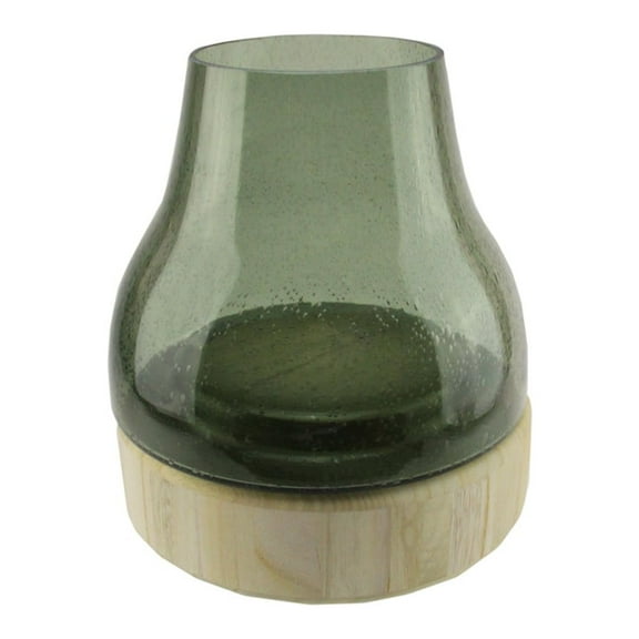 9.75" Storm Gray Bubble Glass Pillar Candle Holder with Wooden Base