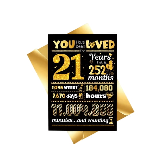 Birthday Card 21St Milestone Black and Gold with Gold Envelope for Adult Birthday Celebration