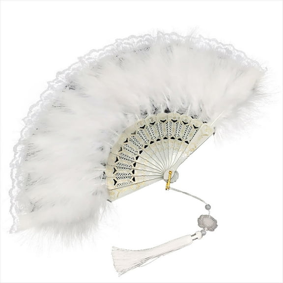 Elegant Vintage Fluffy Feather Hand Fan - Foldable Lace Fan with Tassels for Costume, Dance, Wedding, Party Props & Decoration (White)