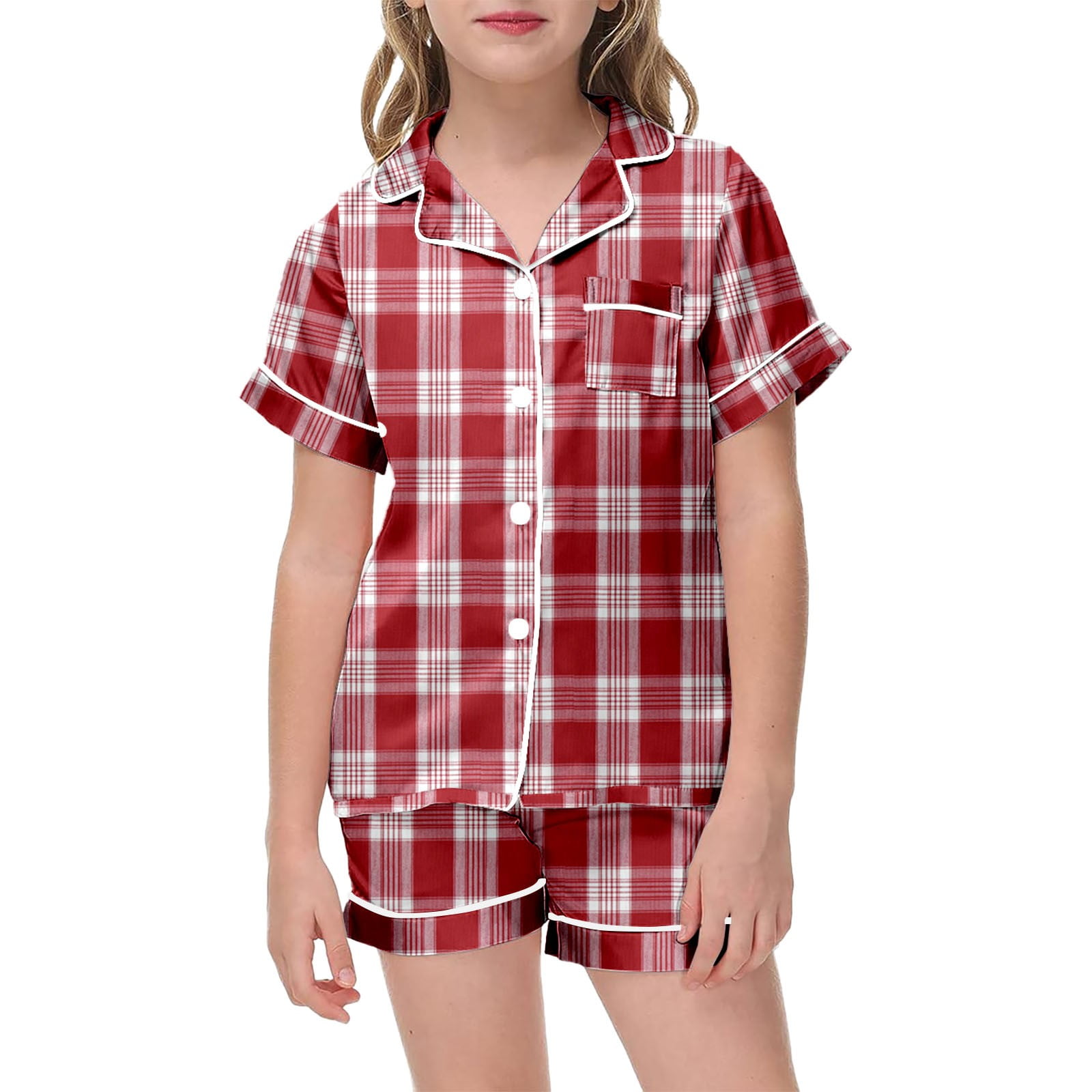 BOOMNY Baby Girls 2 Peice Pajamas Sets Plaid Short Sleeve Buttons Sleepwear Tops Shorts Pjs Set for Kids Cozy Loungewear Homewear