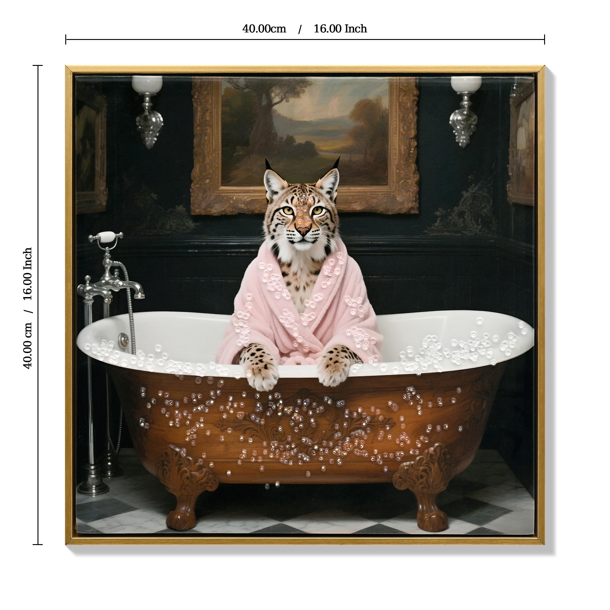 MOONMISS 16x16IN Tiger in Bathtub Canvas Print Framed Wood Bathroom Wall Art Funny Animal Picture Home Decor