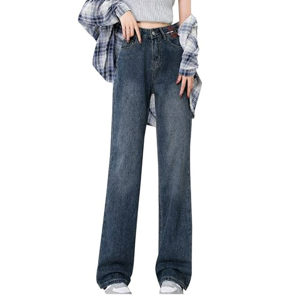 Bmisegm Women's Loose Wide Leg Distressed Skinny Versatile Straight Drape Jeans Y2K Jeans for Women Blue XS