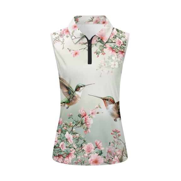 Whosucclay Hummingbird Floral Design Sleeveless Golf Shirt for Women Half Zip Neck Elastic Anti Shrink Women's Sleeveless Golf Shirts XS - 2XL