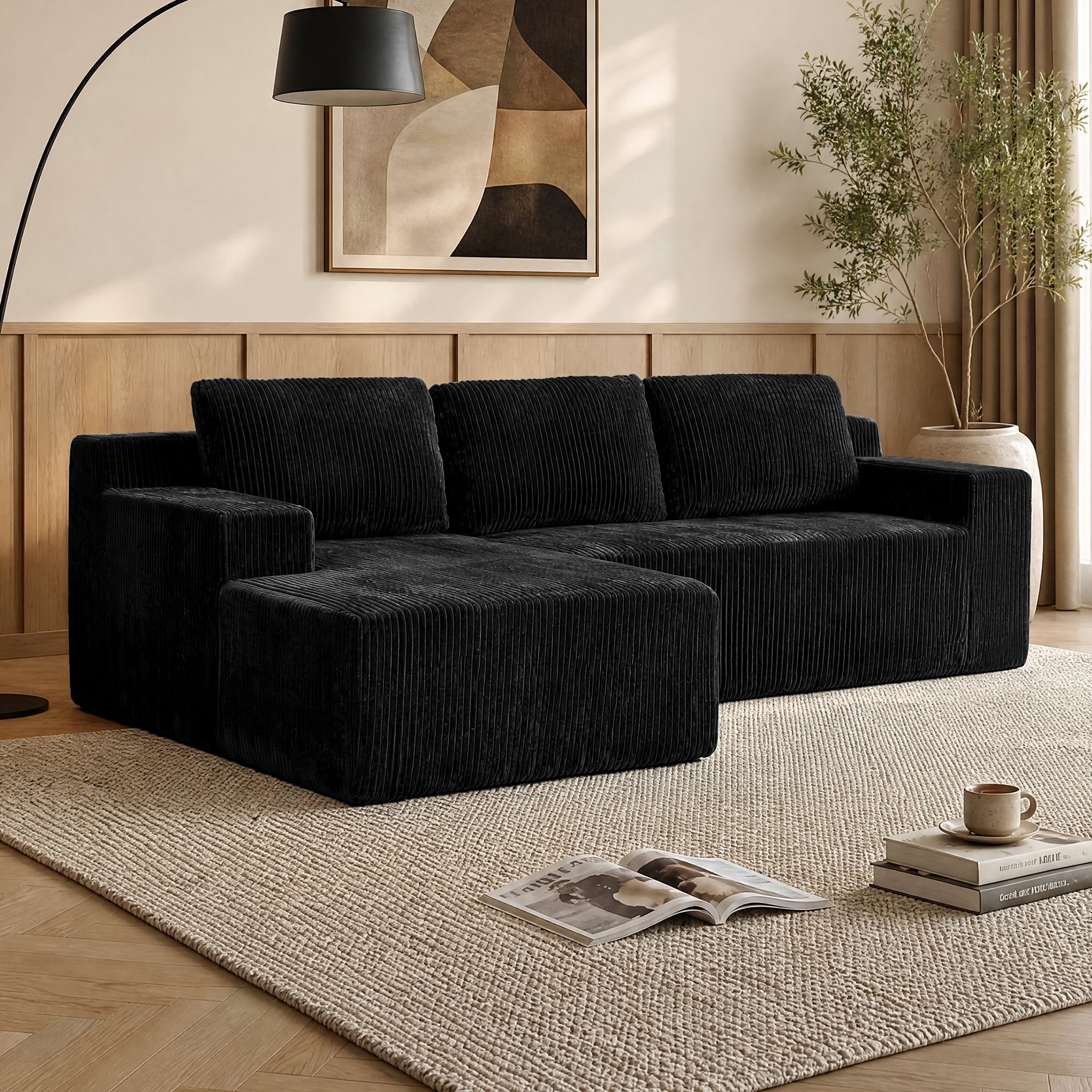 Modular L Shaped Sectional Sofa 96.5 Inch, Corduroy Floor Couch with Foam Filling for Living Room Bedroom, No Assembly Required, Black