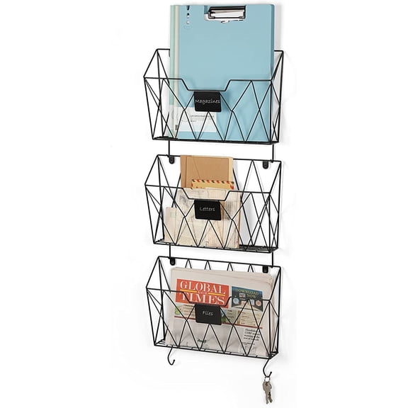 3 Pockets Wall Mount Mail Organizer Hanging Magazine Rack w/ Hooks Office Home