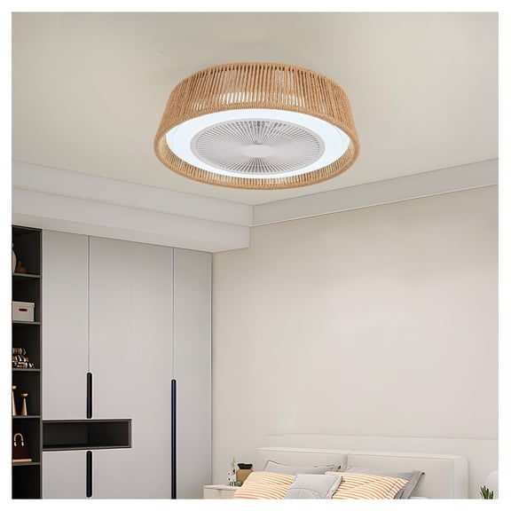 21" Modern Rustic Ceiling Fan Light with LED RGB Mood Lighting, Rope Woven Design, Quiet Fan, Semi Flush Mount for Bedroom, Living Room, or Dining Room ((Silent/6-Speed/Reversible/DC Motor))