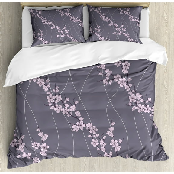 Ambesonne Floral Duvet Cover Set, Japanese Sakura, Calking, Taupe Pale Pink