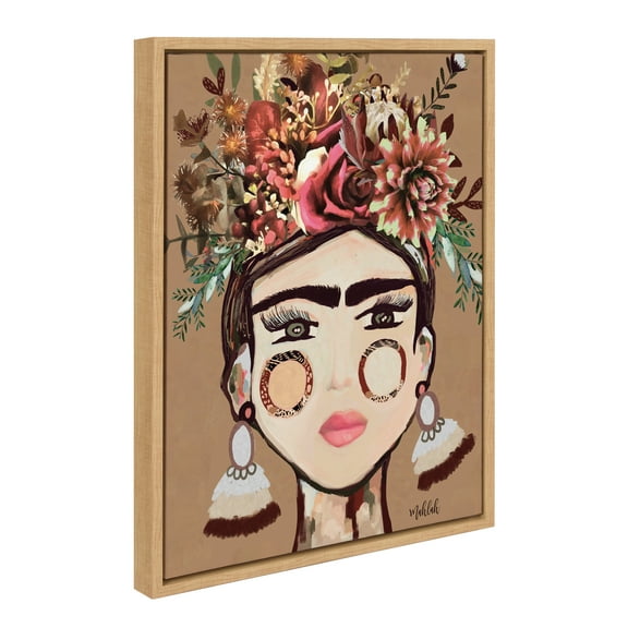Kate and Laurel Sylvie Warm Frida Framed Canvas Wall Art by Inkheart Designs, 18x24 Natural, Modern Floral Female Portrait Art