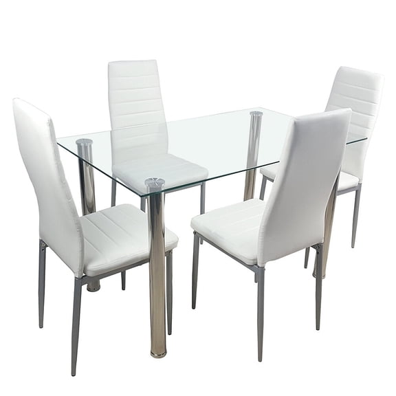 A7Store 5-Piece Modern Dining Table Set for 4, Tempered Glass Kitchen Table and 4 White PU Leather Chairs, Space-Saving Furniture Set for Apartment, Dining Room, Kitchen