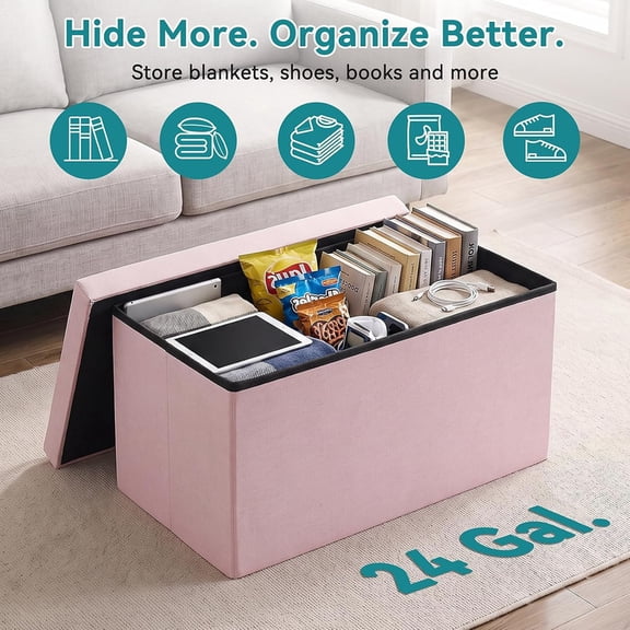 Nextay 30" Folding Storage Ottoman Bench, Linen Fabric Footrest Stool with Hidden Storage, Pink
