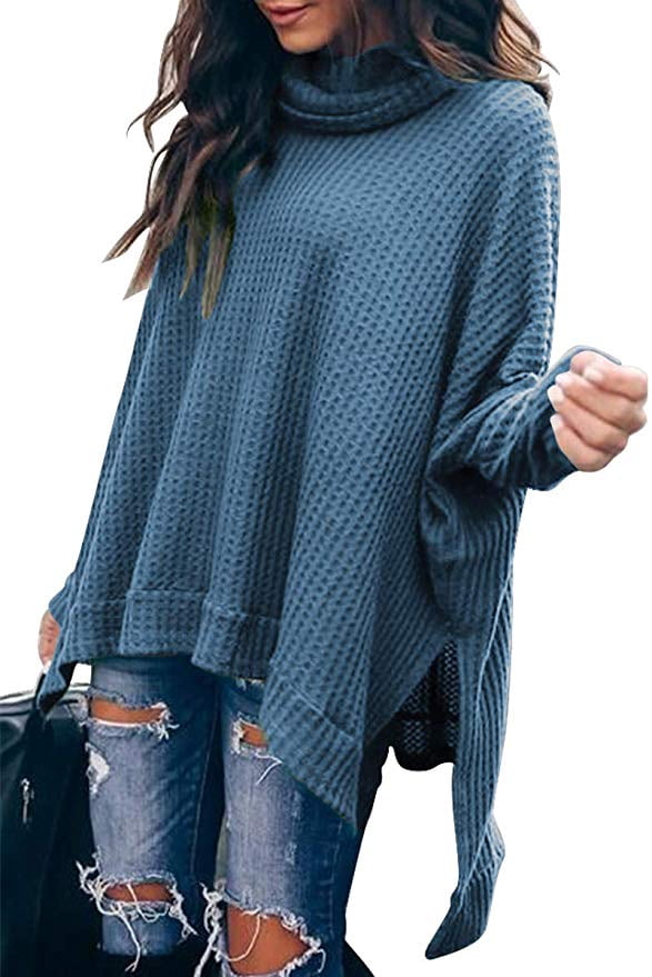 Women Waffle Knit Batwing Sleeve Loose 