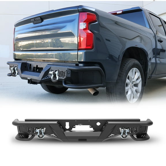 Rear Bumper for 2019-2025 Chevrolet Silverado/GMC Sierra 1500,Back Bumper with Integrated Step,2x Pod Lights,2x D-rings,Licence Plate Bracket
