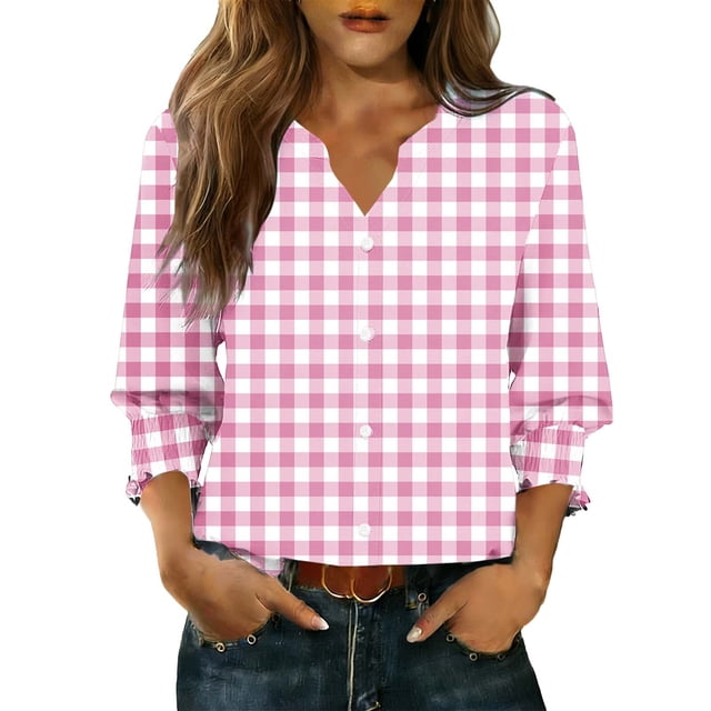 Camisas de Cuello de Tripulación de Manga Corta para las Mujeres, Cardigan con Cuello en V con Mangas 3/4