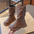 thumbnail image 2 of Girls Mid Calf Combat Boots Wrinkle Leather Buckle Decor Tall Boots Side Zipper Non Slip Lug Sole Round Toe Riding Boots for Little Kid Brown 37, 2 of 9