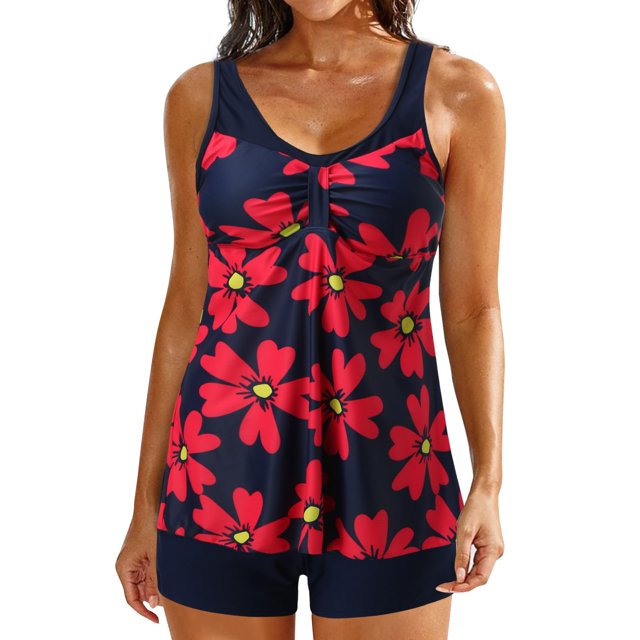Wyzesi Low Compression Fit Swimwears 2025 Women's Split Swimsuit Split Small Floral Swimsuit Tankini Two Piece Set Red M