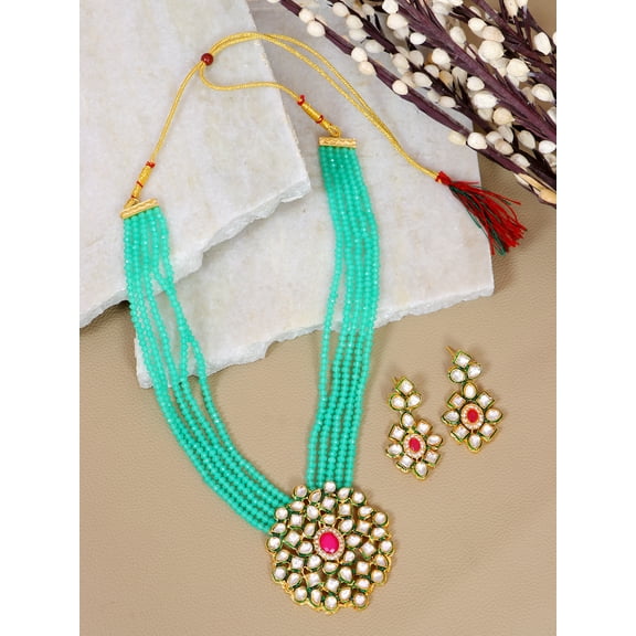 Crunchy Fashion Designer Kundan & Light Green Moti Stone Style Necklace & Earrings Set