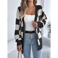 thumbnail image 4 of Women'S Autumn and Winter Contrast Color Plaid Lantern Sleeve Cardigan Sweater Mid-Length Coat Black XL, 4 of 9